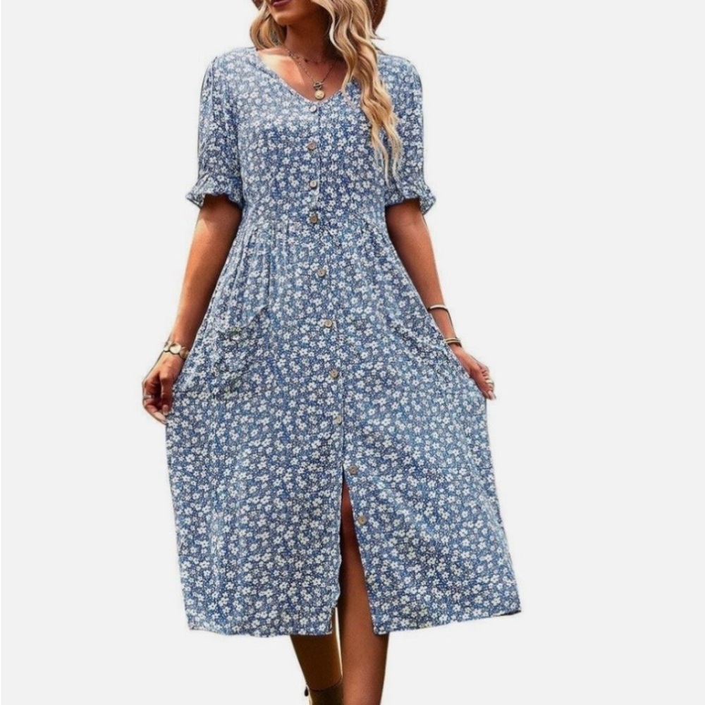Numa Girls Fashion Blue Floral Button-Front Midi Dress | Size L